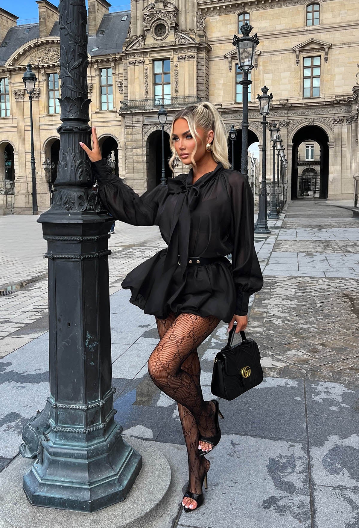 Dark Temptation Black Sheer Pussy Bow Blouse With Mini Puffball Skirt - Image 2