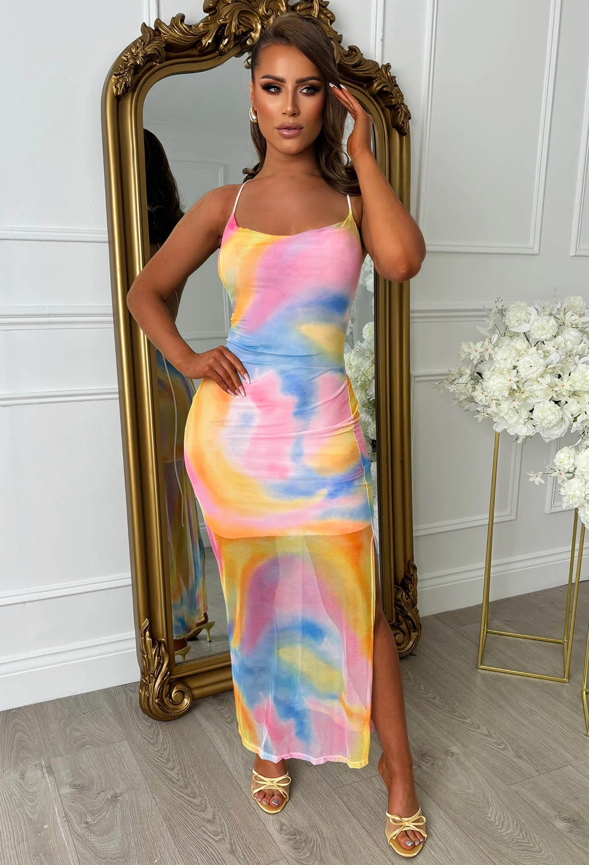 Deep Dive Desire Multi Abtract Print Cowl Neck Cross Back Mesh Dress - Image 3