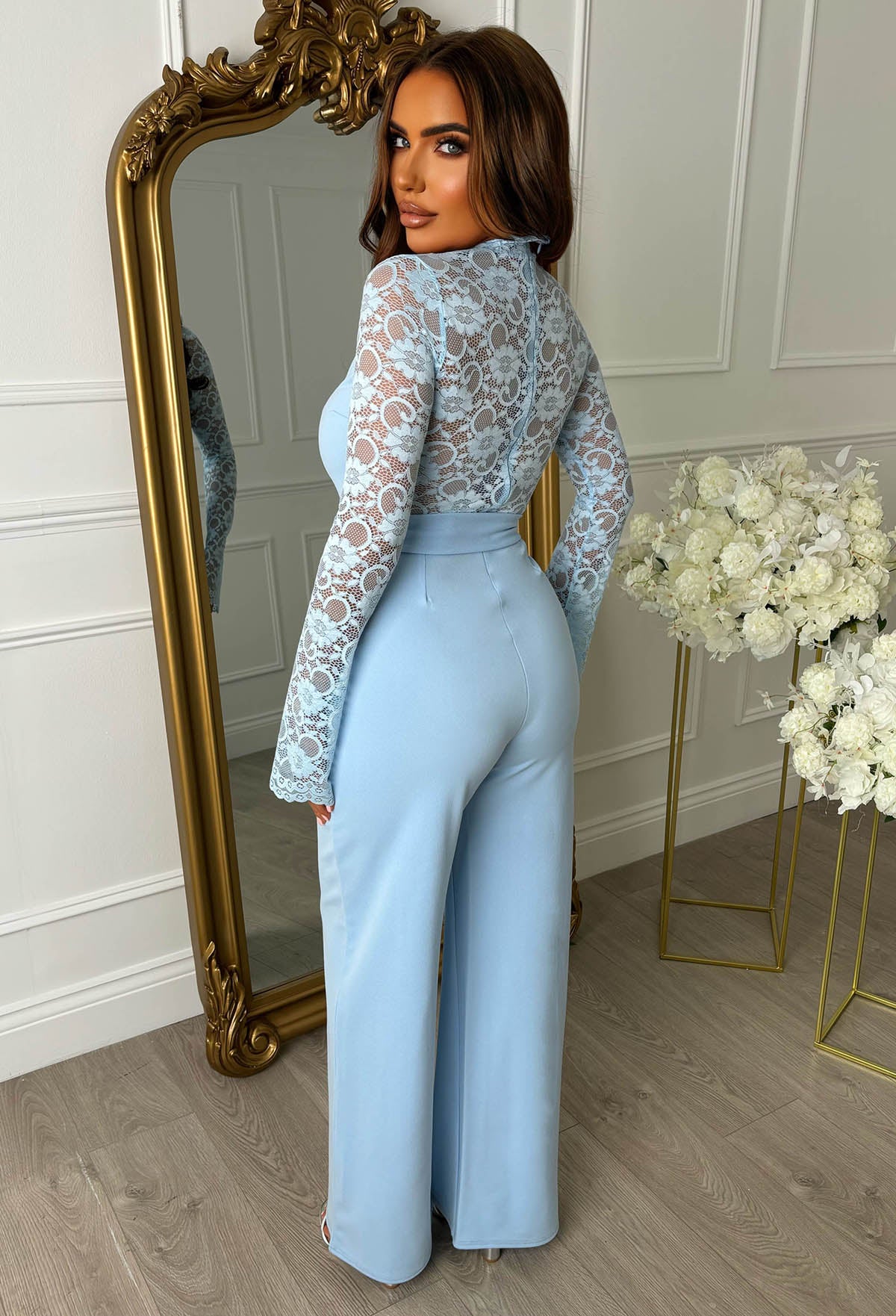 Deluxe Design Blue Lace & Plain Wide Leg Belted Jumpsuit - Image 2
