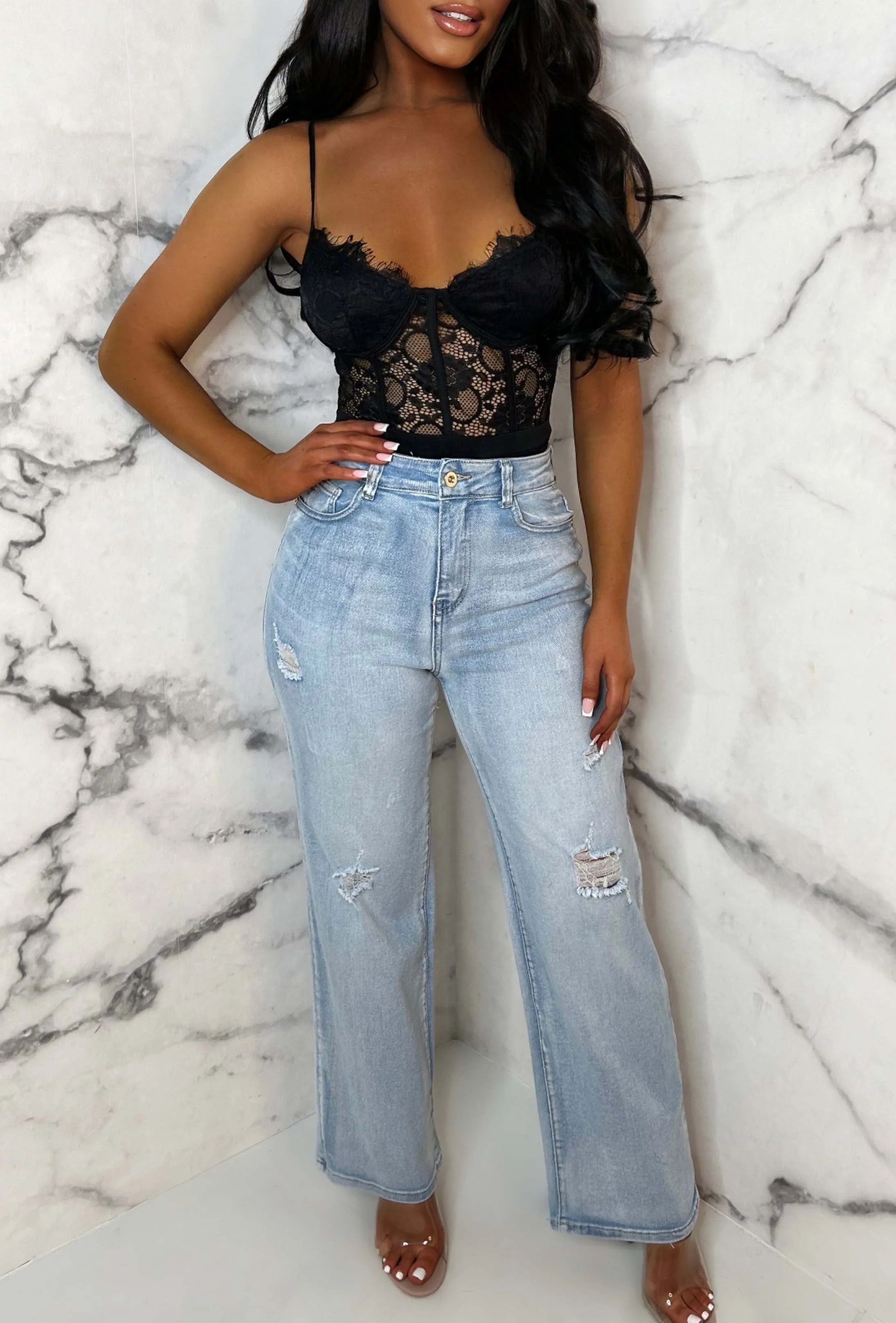 Denim Escape Light Blue Stretch Wide Leg Distressed Jeans - Image 2
