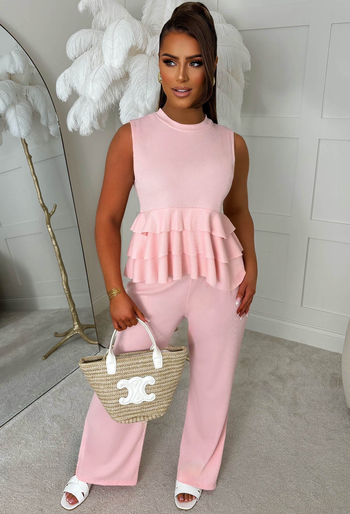 Desert Rose Light Pink Textured Ruffle Top And Trouser Co-ord - Image 4