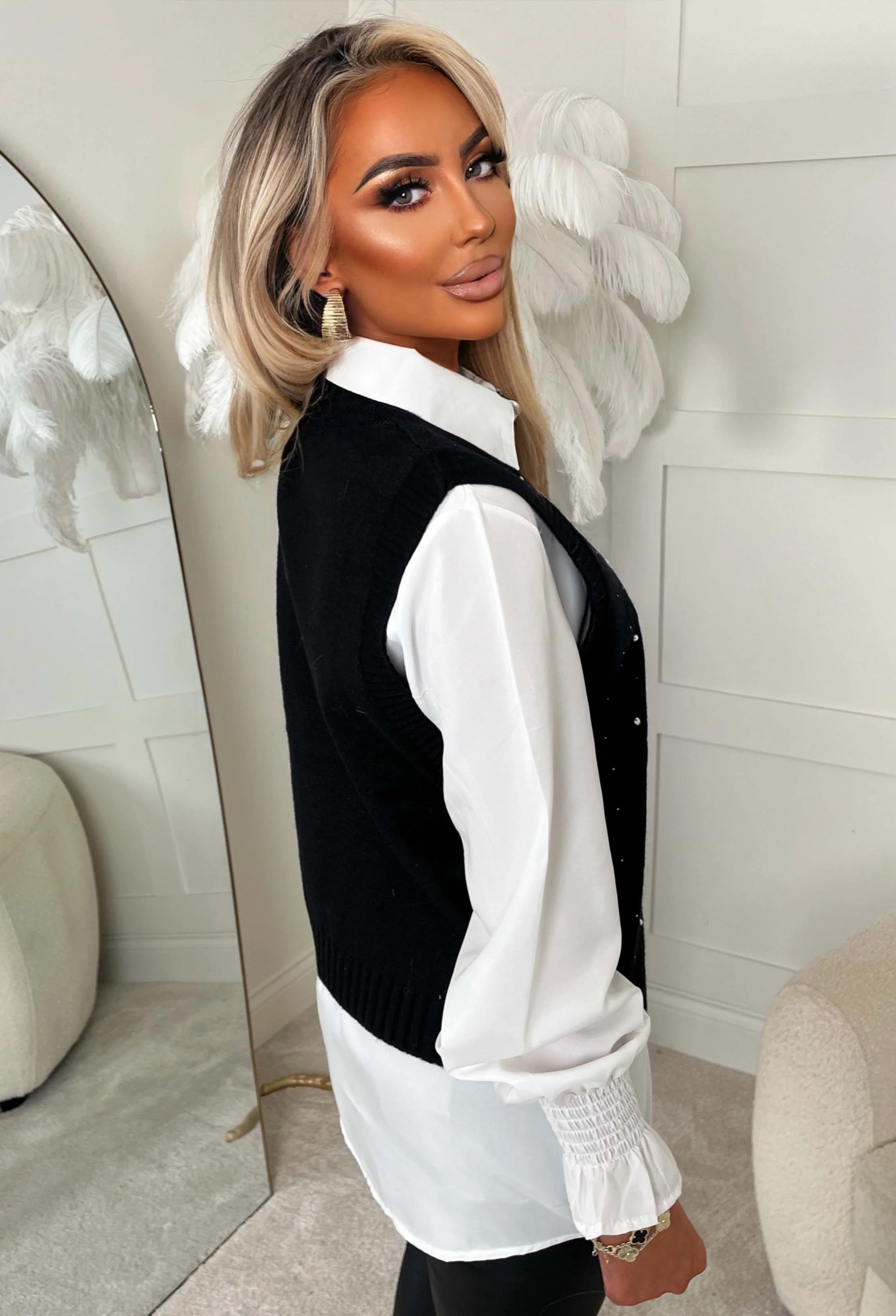 Desire Bloom Black 2 In 1 Diamante Embellished Jumper With Shirt - Image 3