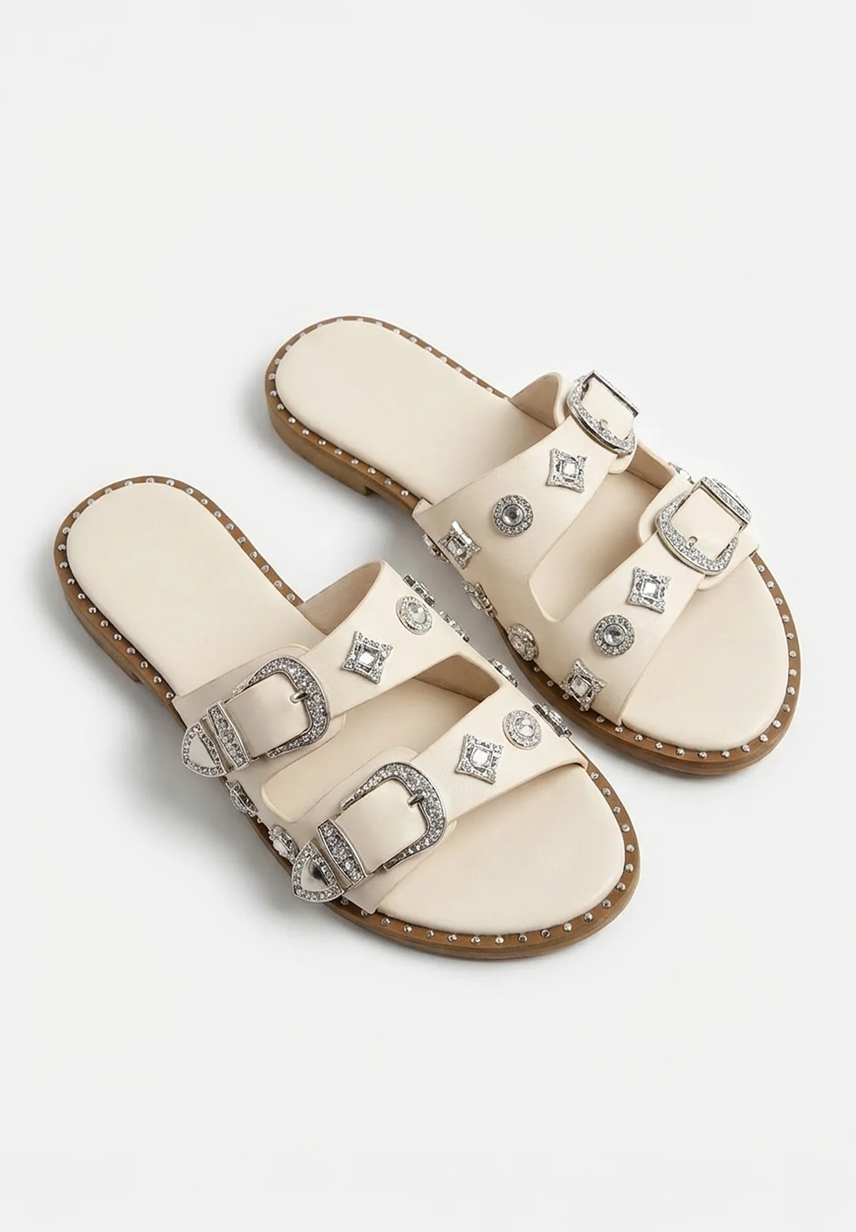 Destination Daydream Beige Studded Double Strap Sliders - Image 2