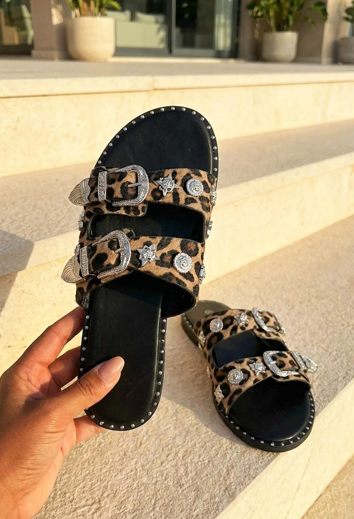Destination Daydream Black Leopard Studded Double Strap Sliders - Image 2