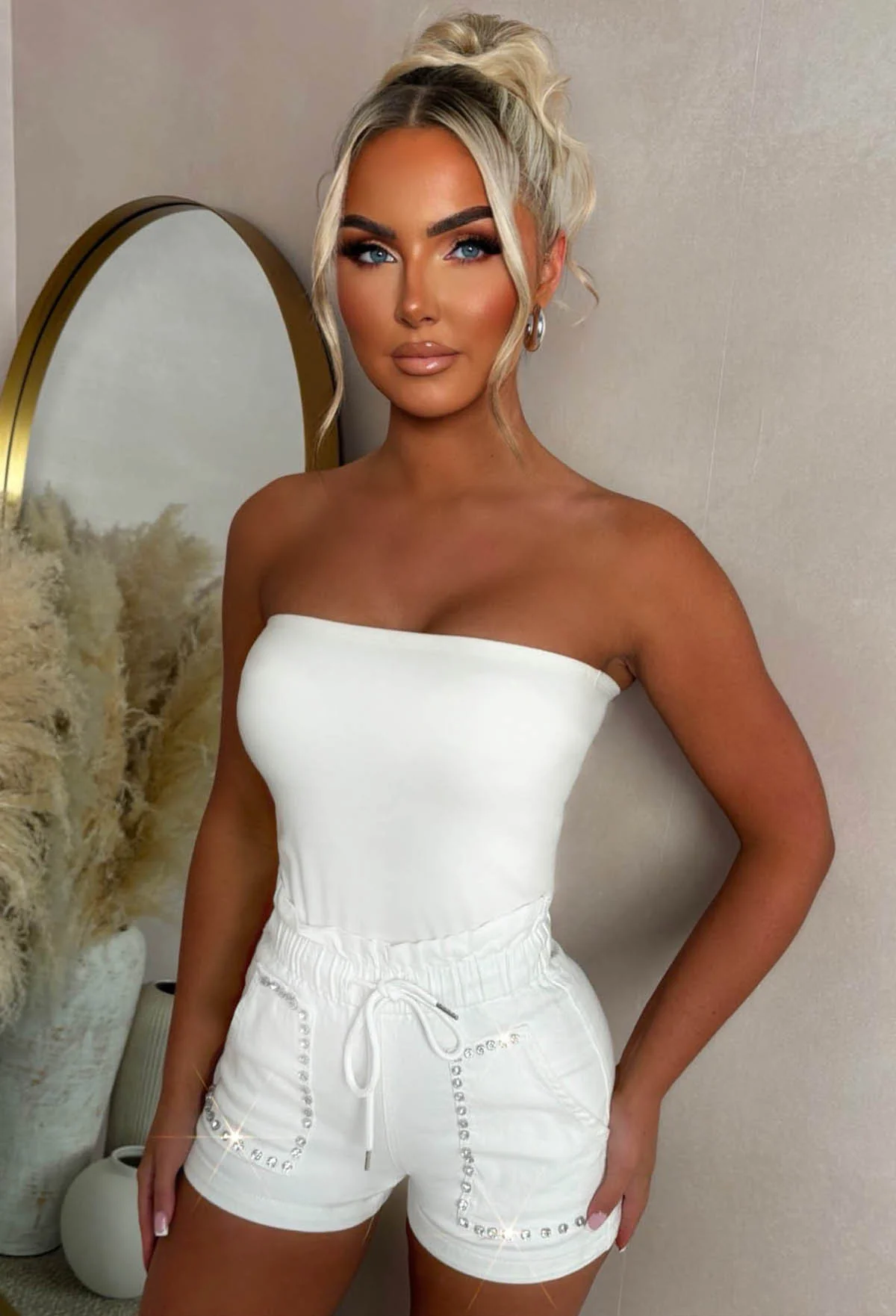 Diamond Chic White Stretch Denim Paperbag Diamante Shorts - Image 2