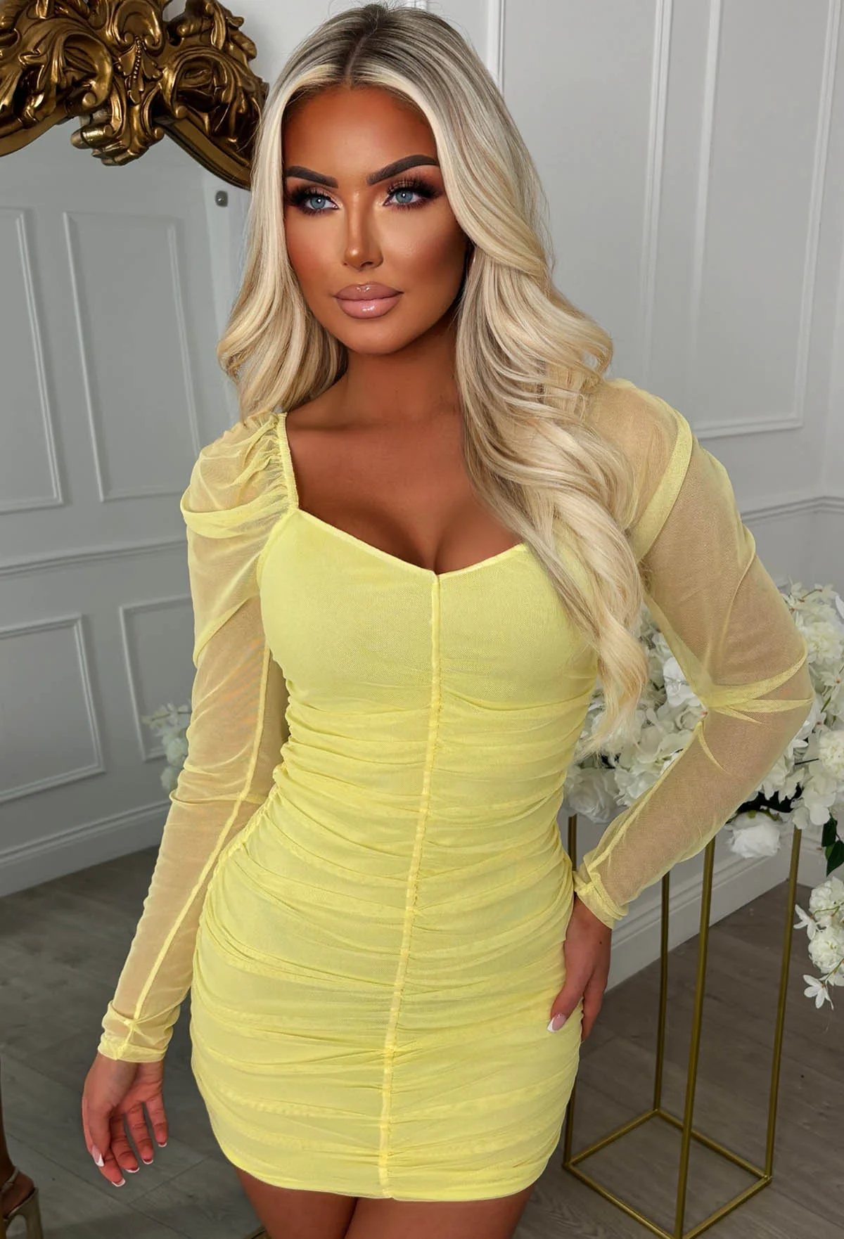 Divine Diva Lemon Ruched Front Puff Long Sleeve Dress - Image 2