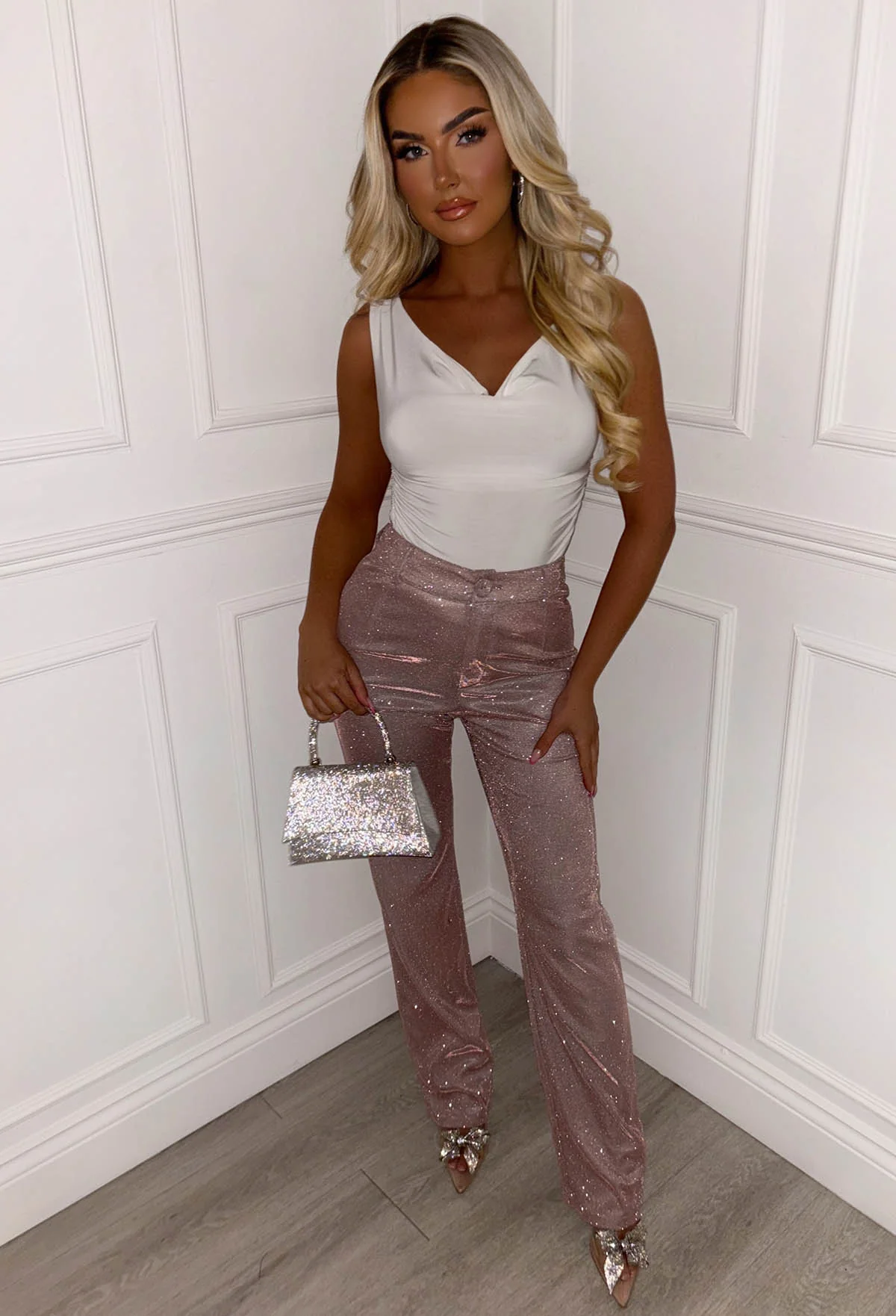 Divine Diva Pink Lurex Stretch Straight Leg Trousers - Image 5