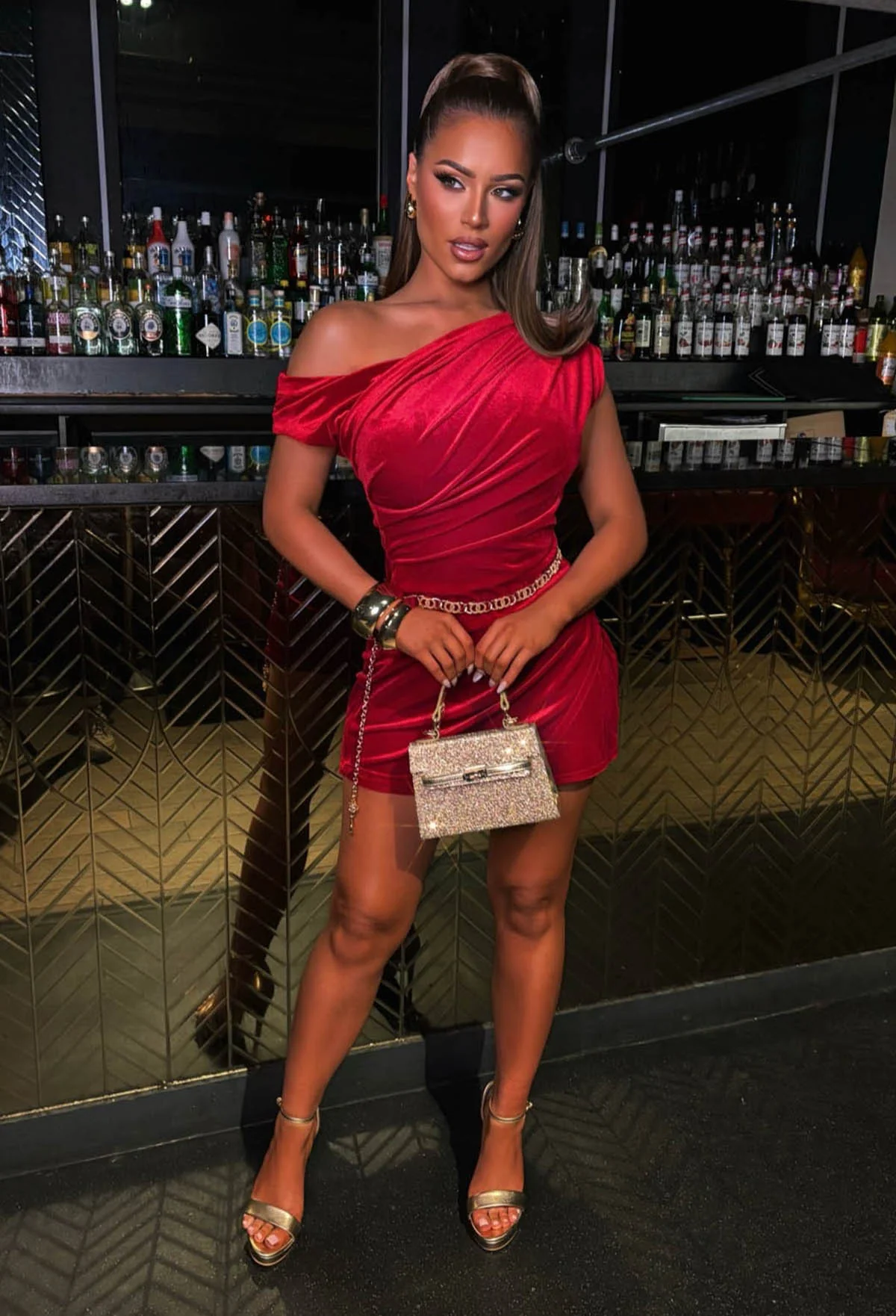 Dixie Divine Red Off The Shoulder Velvet Playsuit - Image 2
