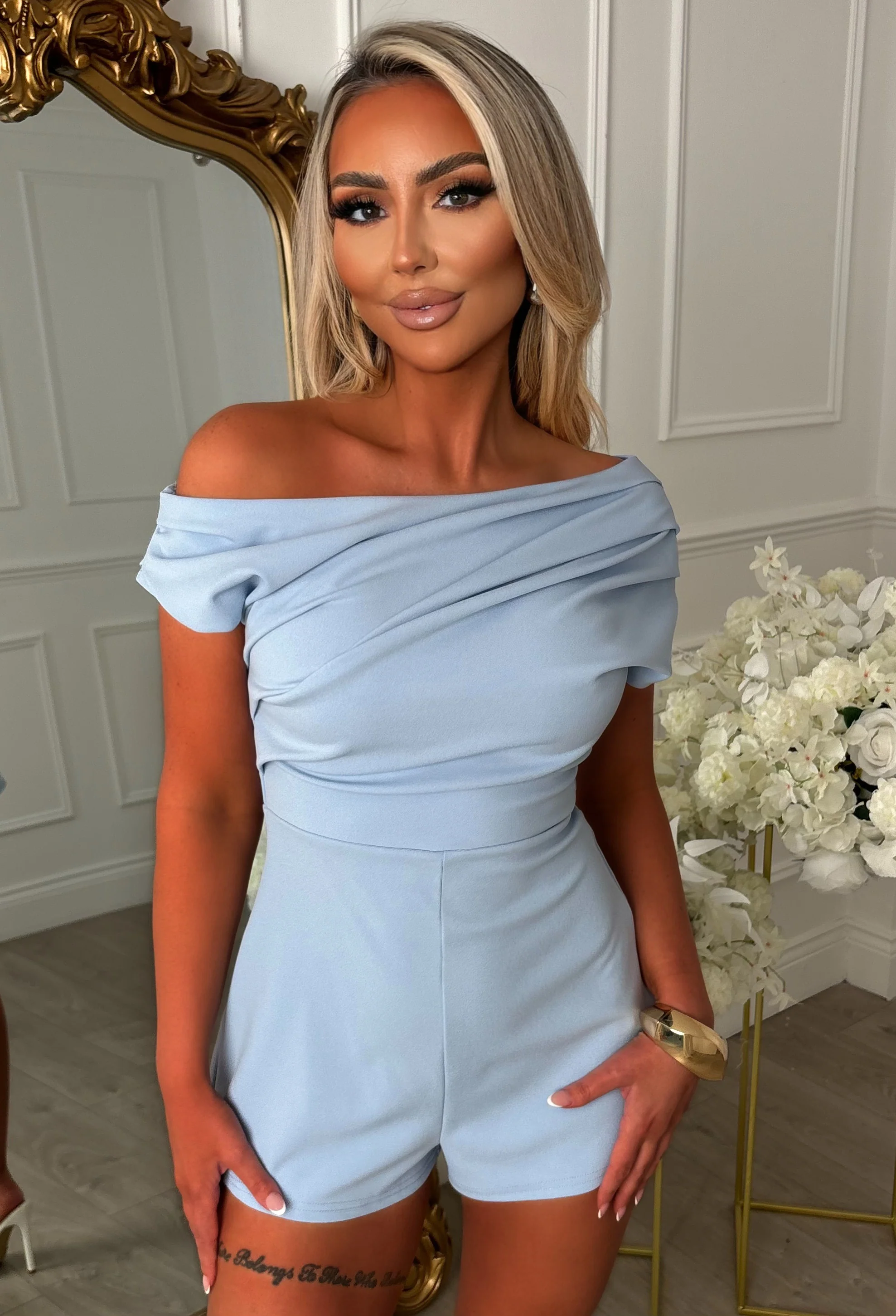 Dixie Dream Blue Ruched Off The Shoulder Playsuit - Image 3