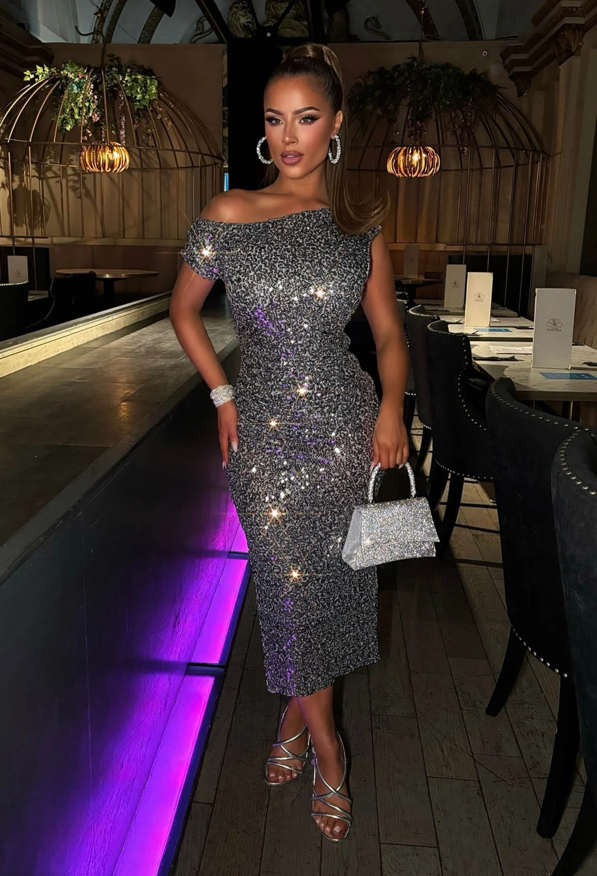 Dixie Sparkle Silver Off Shoulder Sequin Midi Dress - Image 2