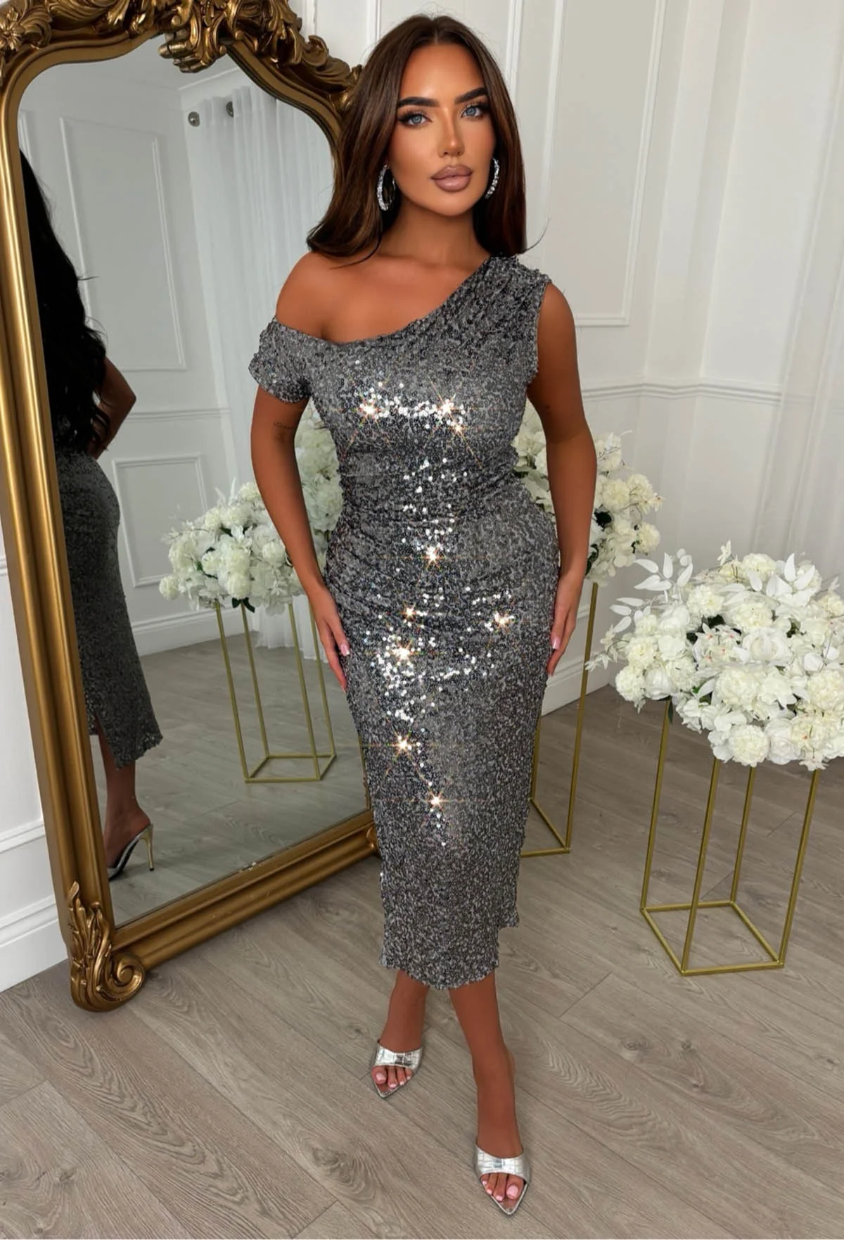 Dixie Sparkle Silver Off Shoulder Sequin Midi Dress - Image 4