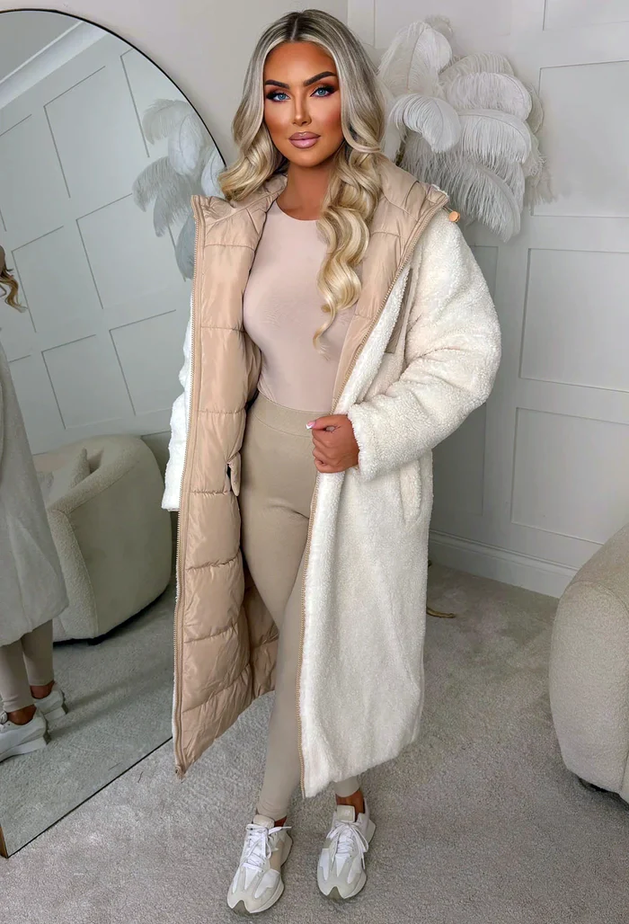 Double Trouble Beige Reversible Borg Padded Puffer Coat - Image 2