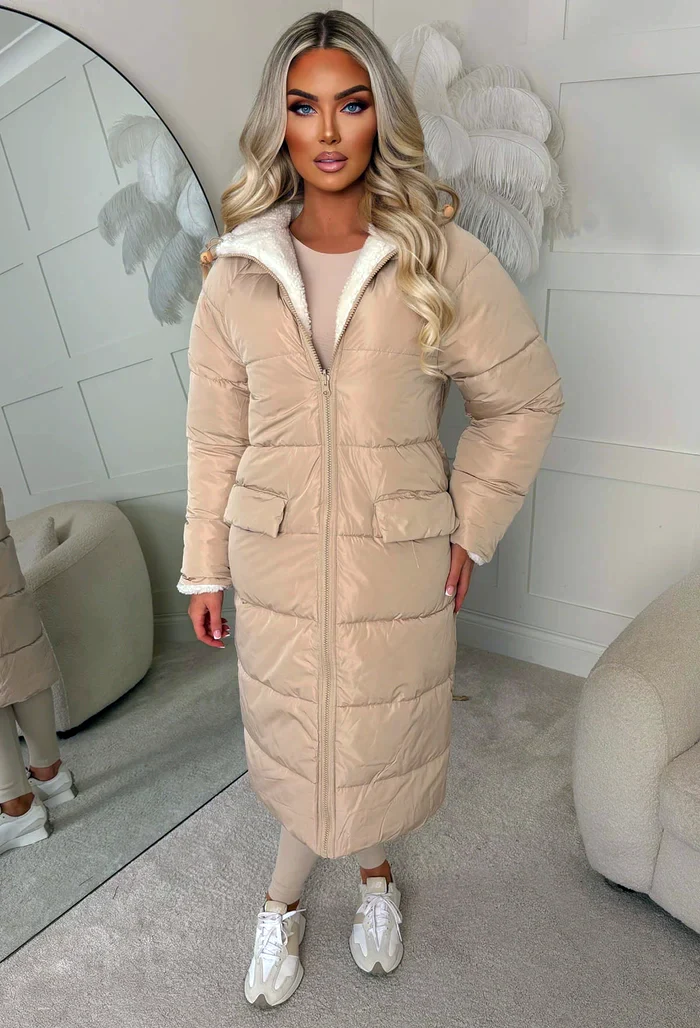 Double Trouble Beige Reversible Borg Padded Puffer Coat - Image 5