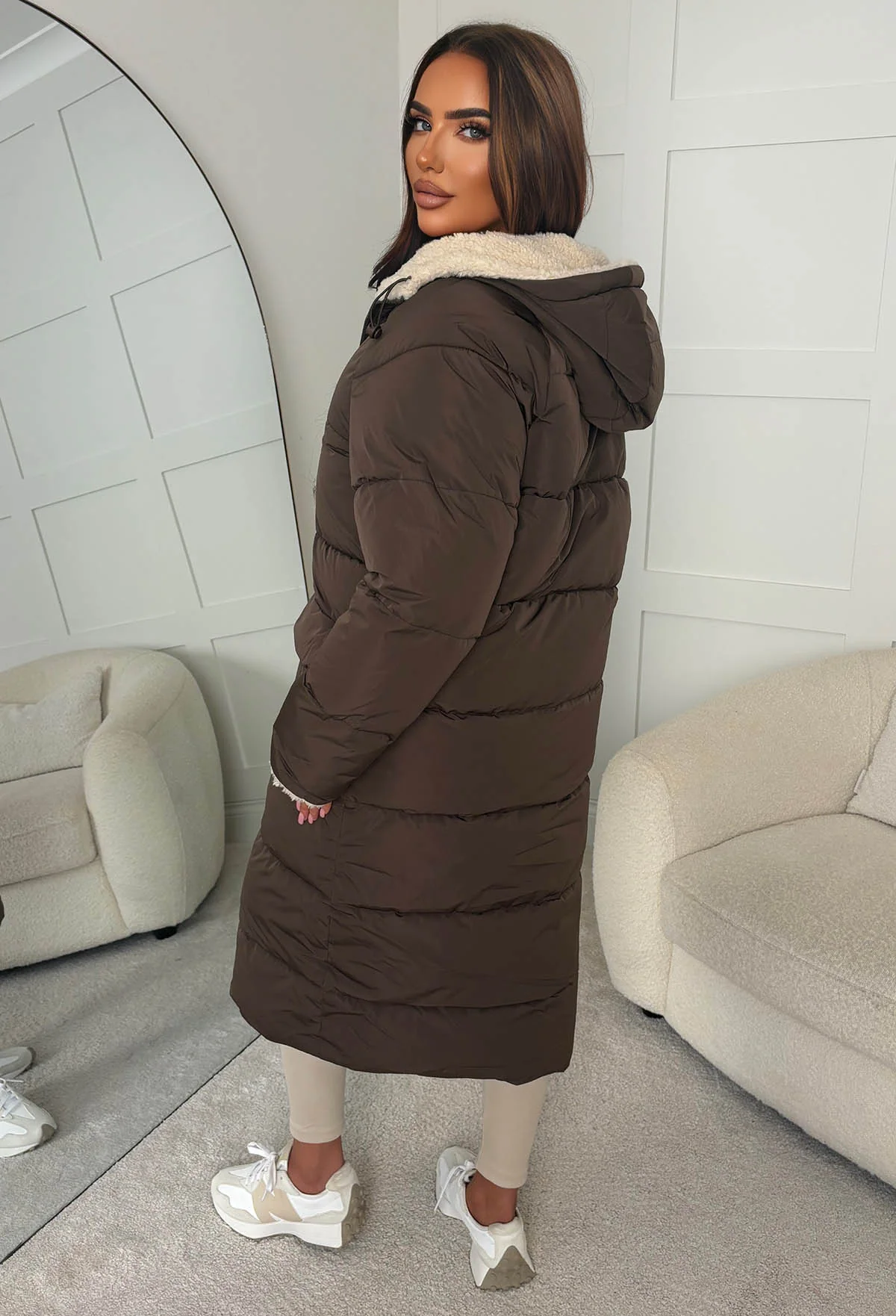 Double Trouble Chocolate Brown Reversible Borg Padded Puffer Coat - Image 4