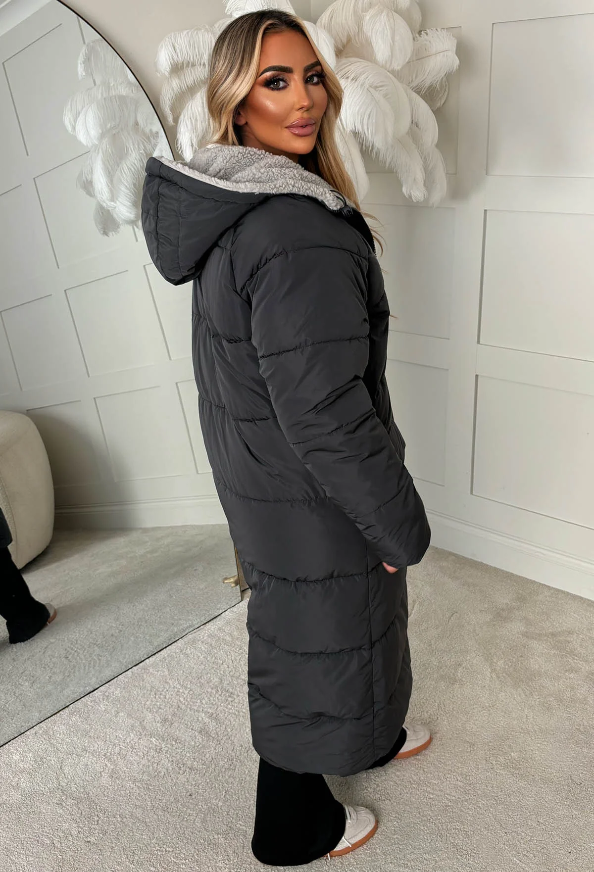 Double Trouble Grey Reversible Borg Padded Puffer Coat - Image 3