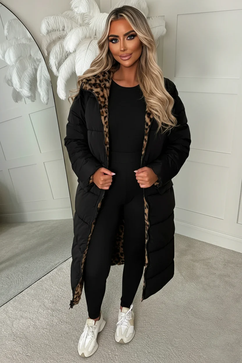 Double Trouble Leopard Reversible Borg Padded Puffer Coat