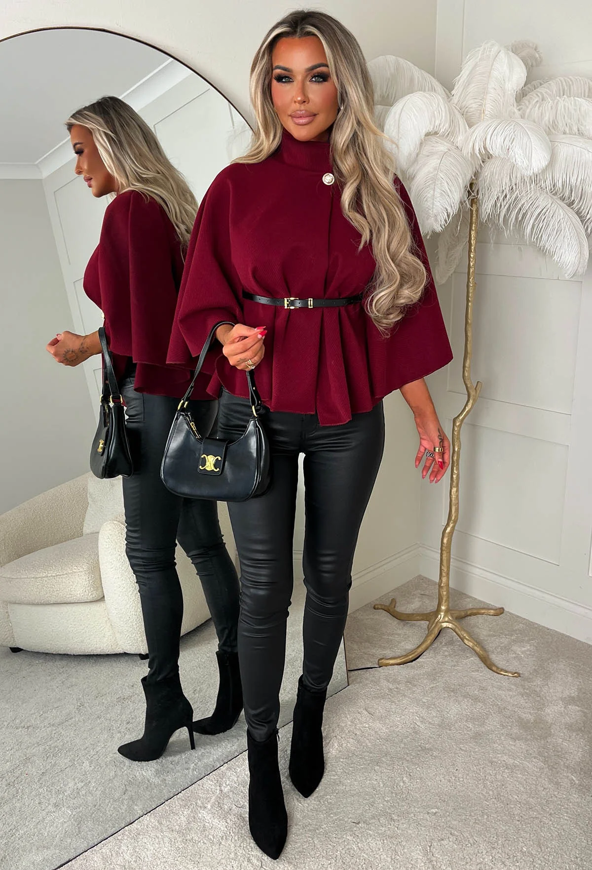 Elegant Escape Burgundy Belted Cape - Image 2