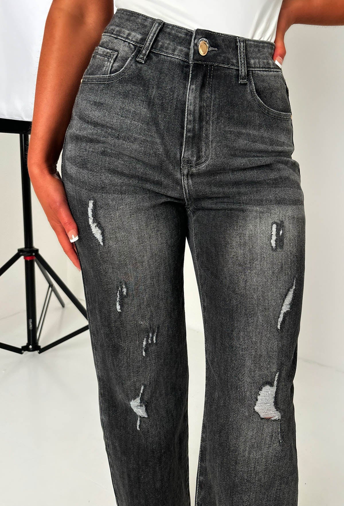 Escape In Denim Black Stretch Distressed Straight Leg Jeans - Image 5