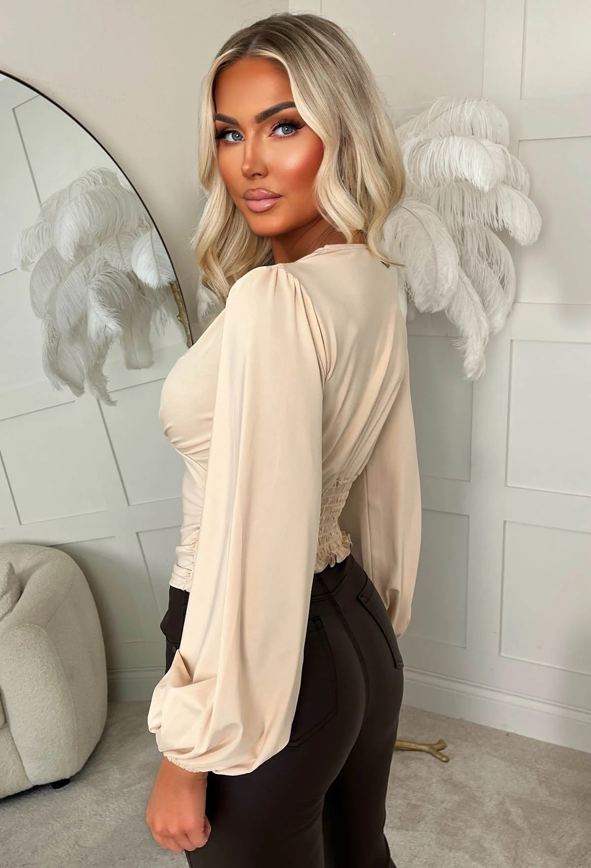 Essential Style Cream Ruched Balloon Sleeve Top - Image 2