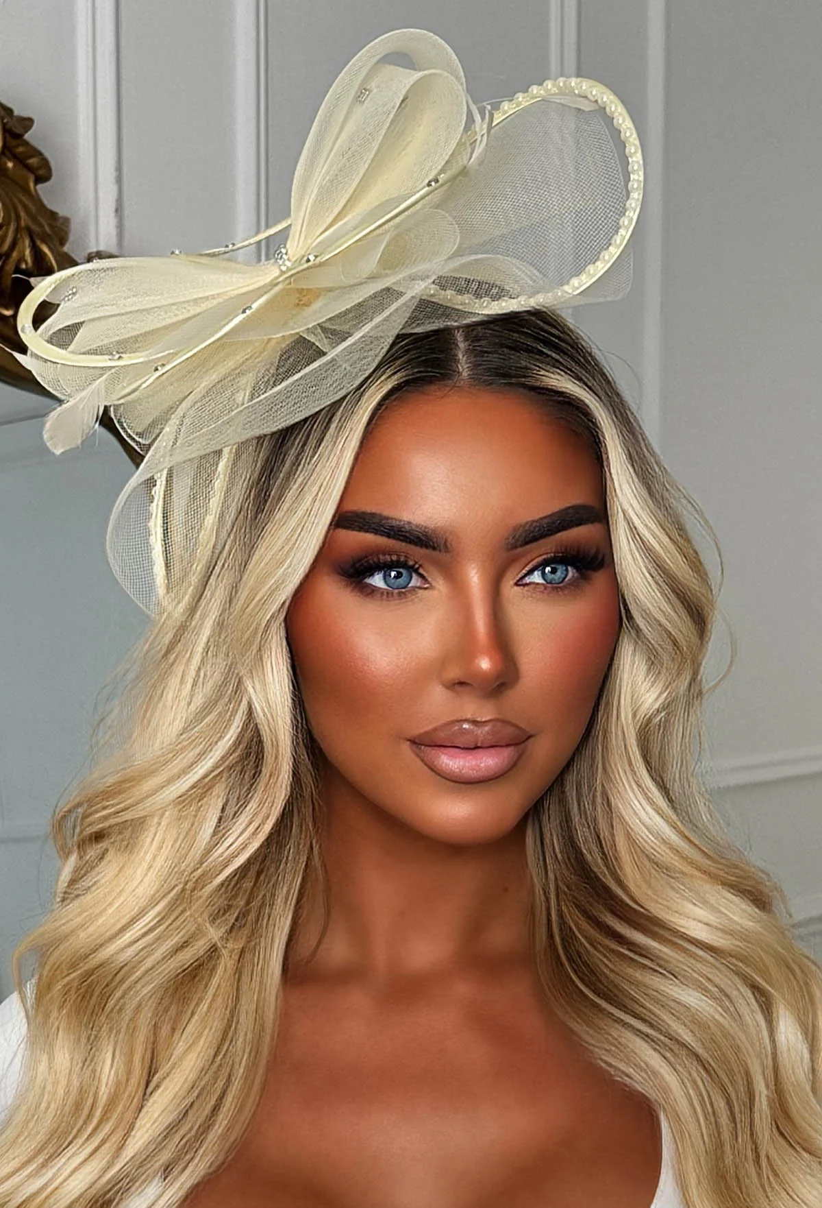 Eternity Butter Yellow Diamante Veil Fascinator - Image 2
