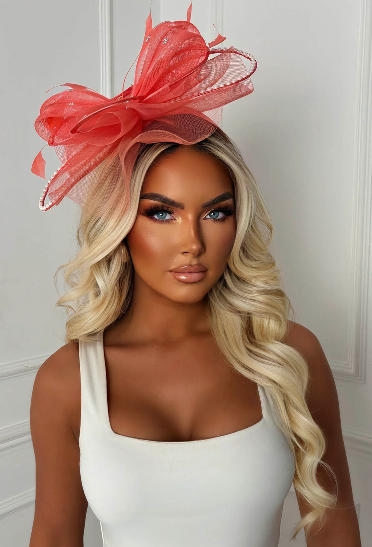 Eternity Coral Diamante Veil Fascinator - Image 2