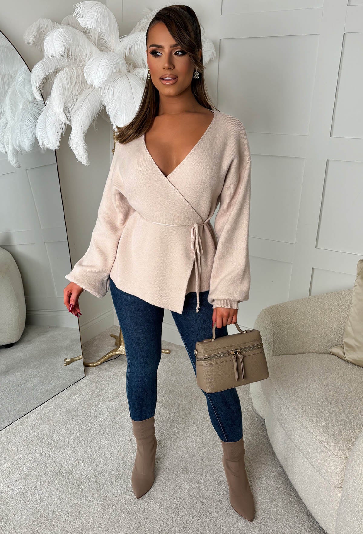 Ever Mine Beige Tie Waist Knitted Wrap Jumper - Image 3