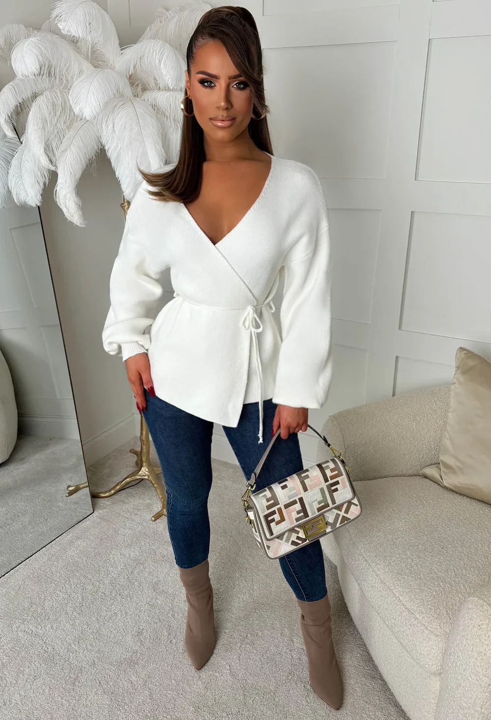 Ever Mine Cream Tie Waist Knit Wrap Jumper - Image 3