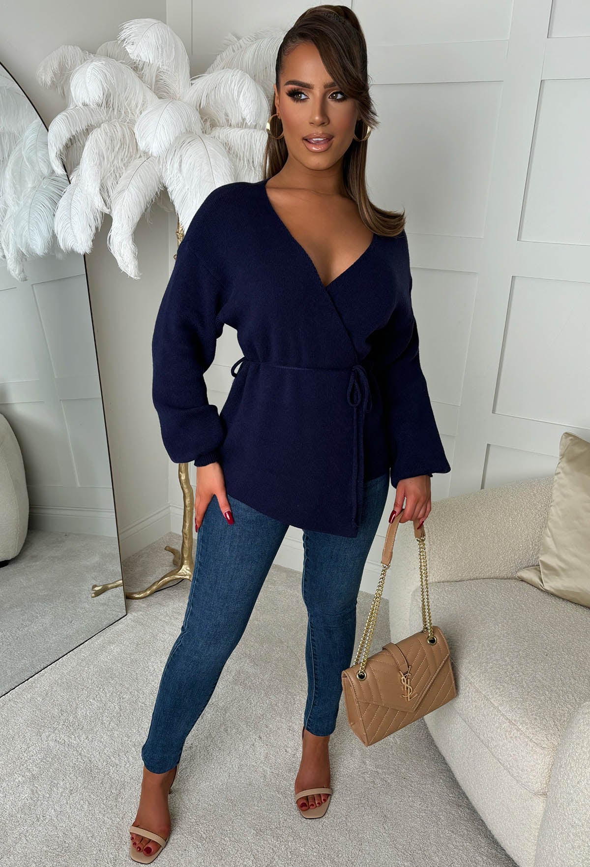 Ever Mine Navy Tie Waist Knitted Wrap Jumper - Image 3