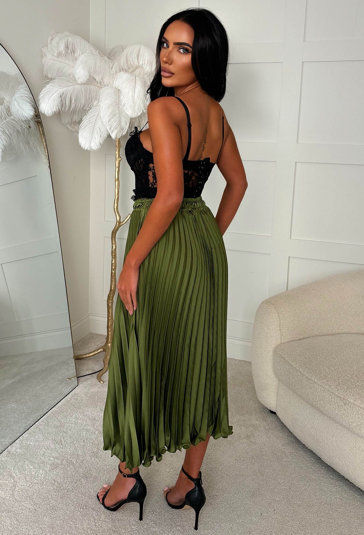 Everyday Goddess Khaki Satin Stretch Pleated Skirt - Image 2