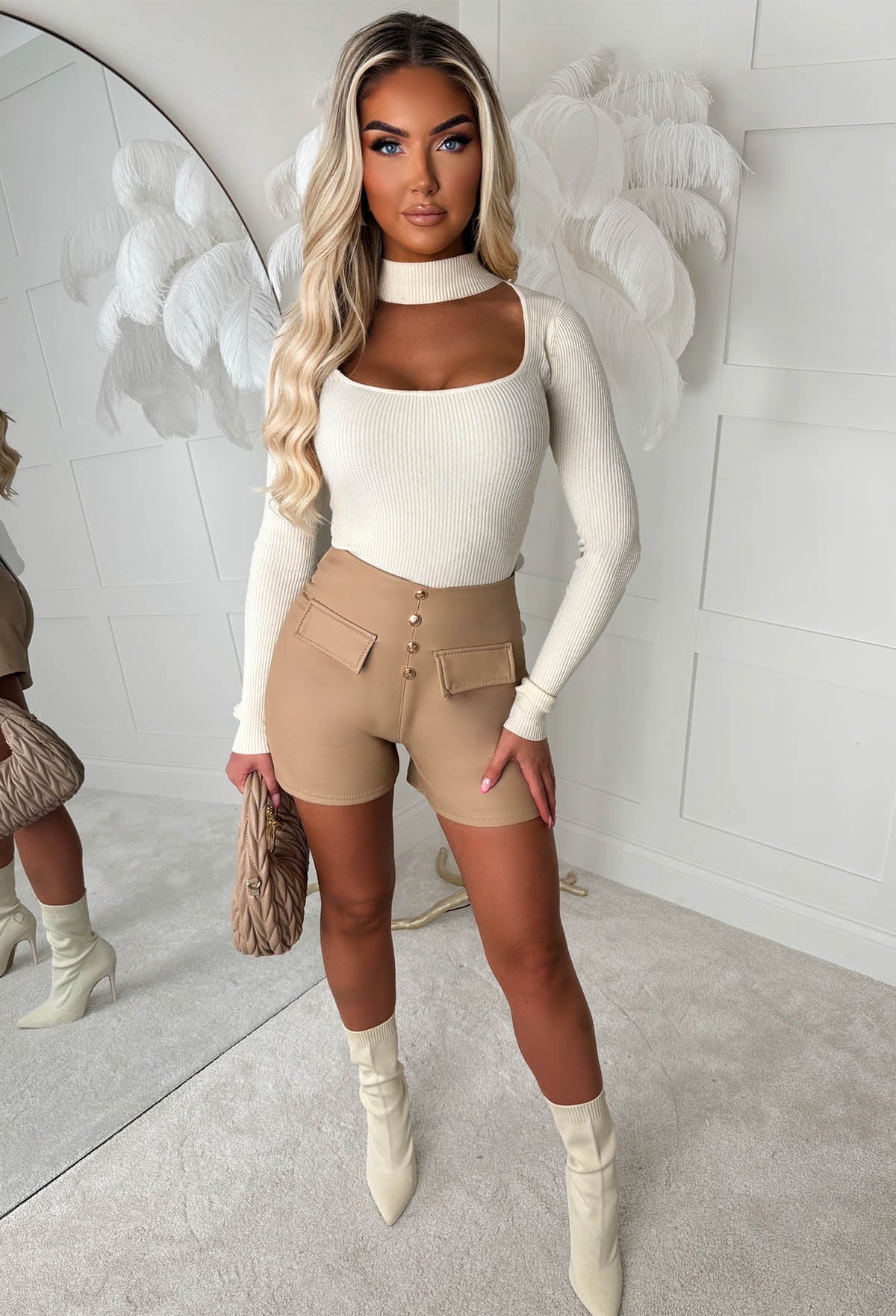 Fastened Up Natural Faux Leather Button Front Shorts - Image 3