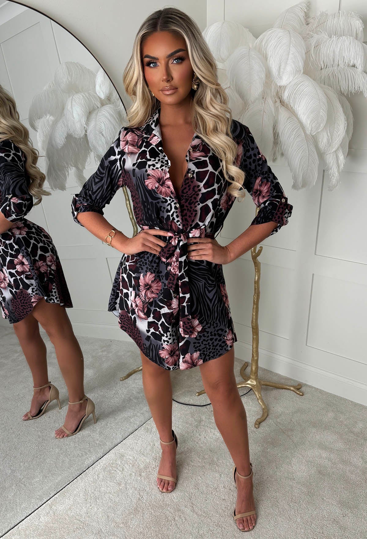 Feline Fancy Multi Mixed Floral Animal Print Shirt Dress - Image 4