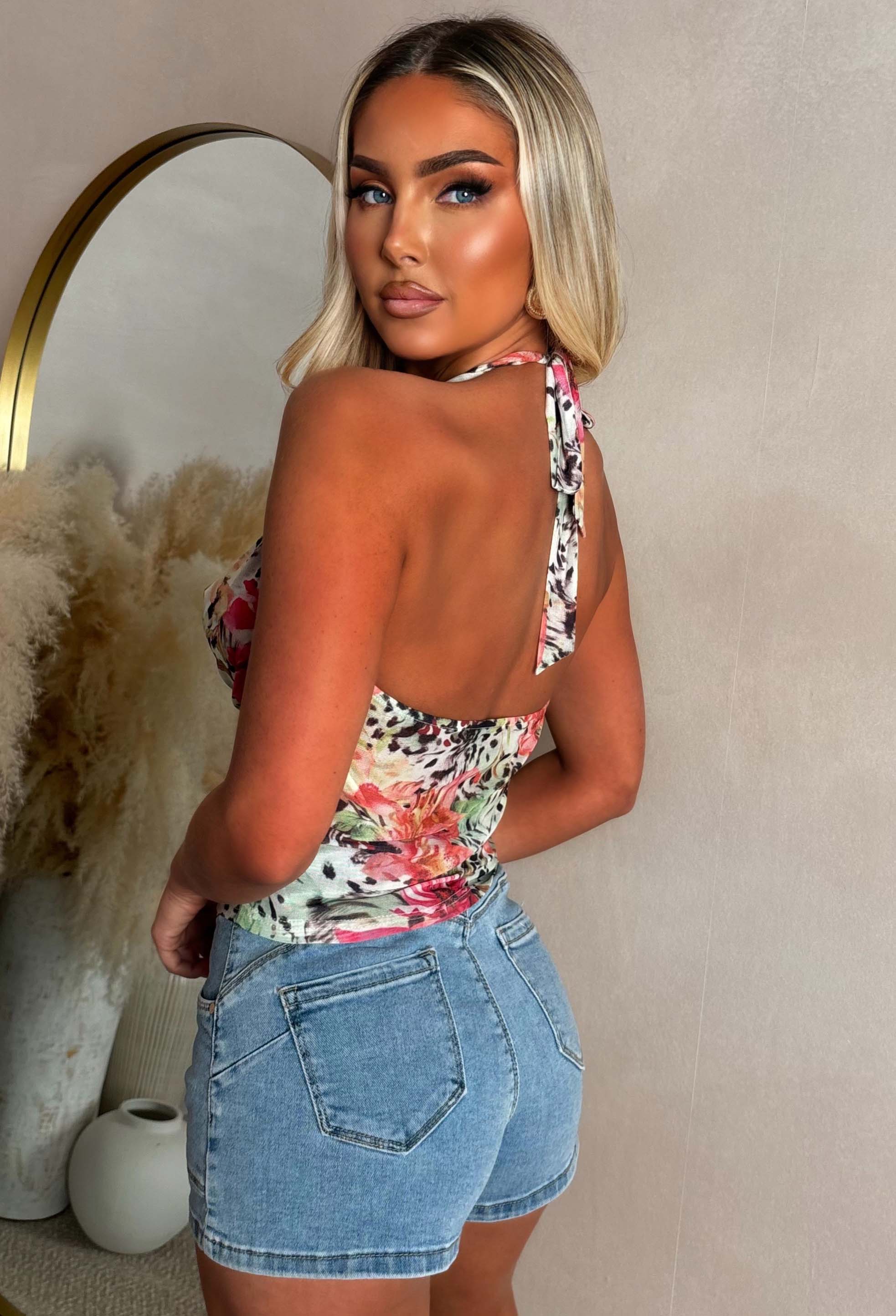 Fierce Floral Multi Animal Print Halter Neck Top - Image 2