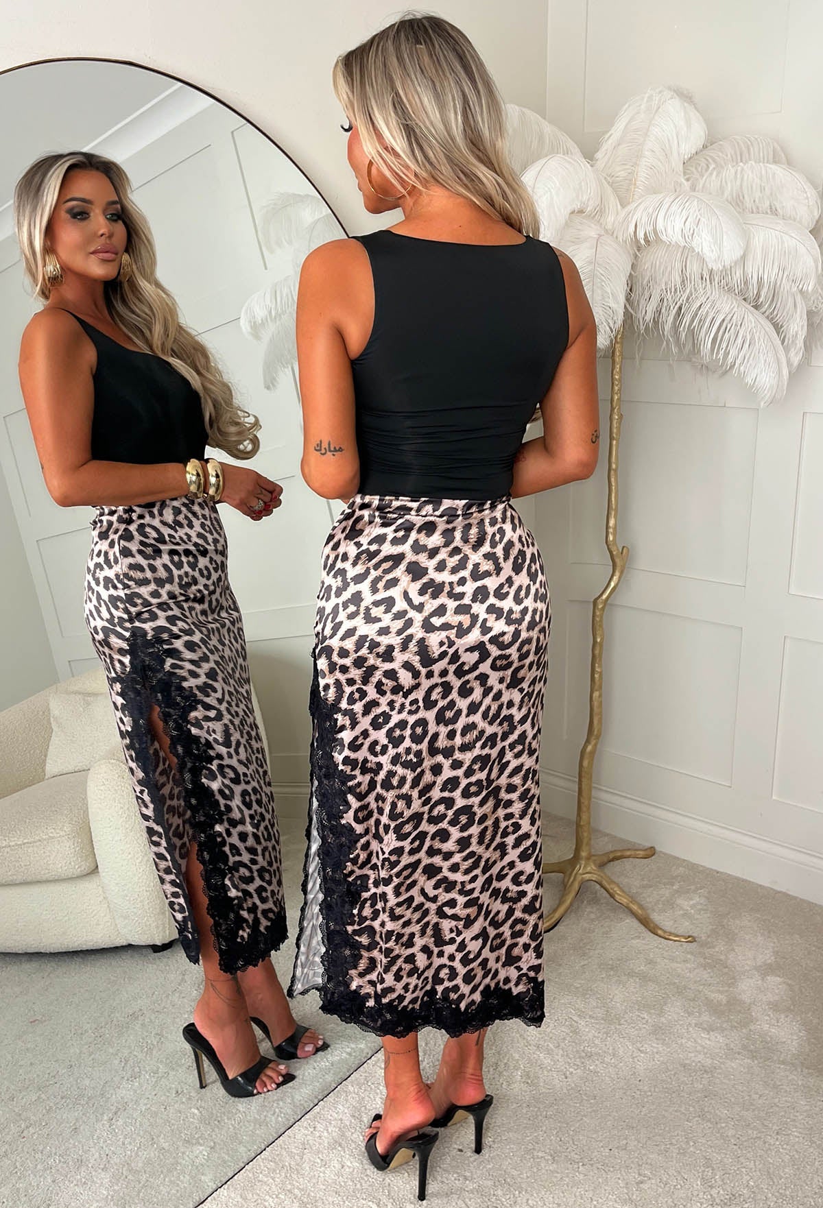Fiercely Adored Leopard Printed Satin Lace Trim Side Slit Midi Skirt - Image 2