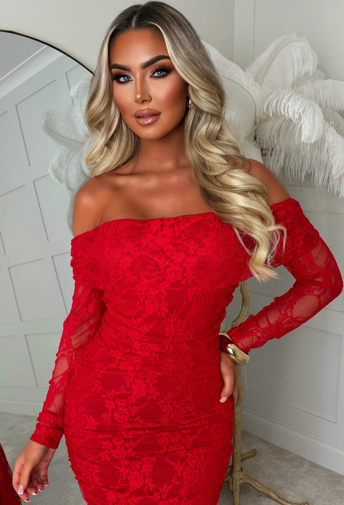 Fiery Allure Red Lace Mesh Bardot Mini Maxi Dress - Image 3