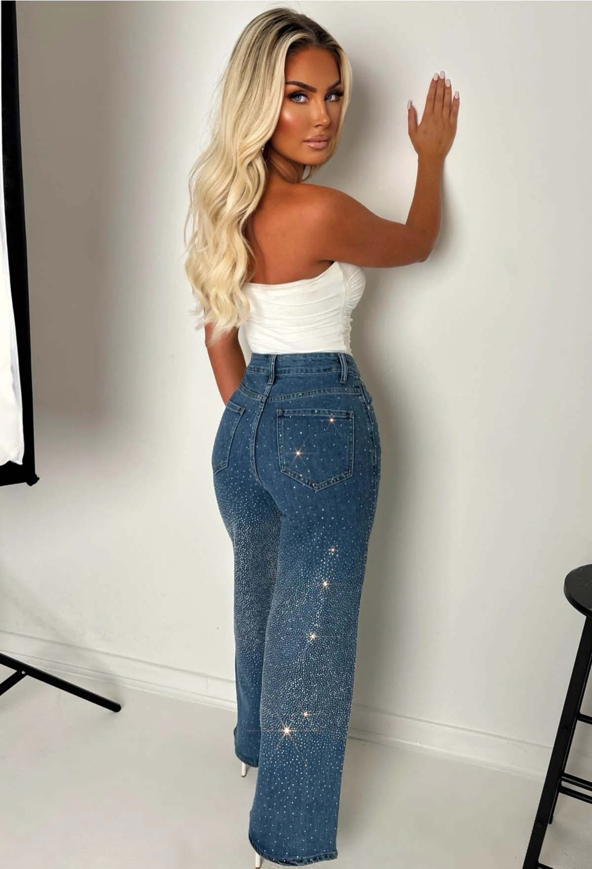 Fixed On You Mid Blue Hot Fix Stretch Wide Leg Jeans - Image 3