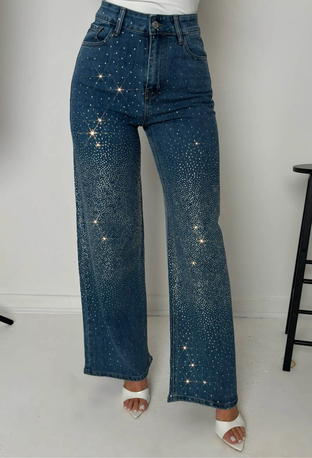Fixed On You Mid Blue Hot Fix Stretch Wide Leg Jeans - Image 4