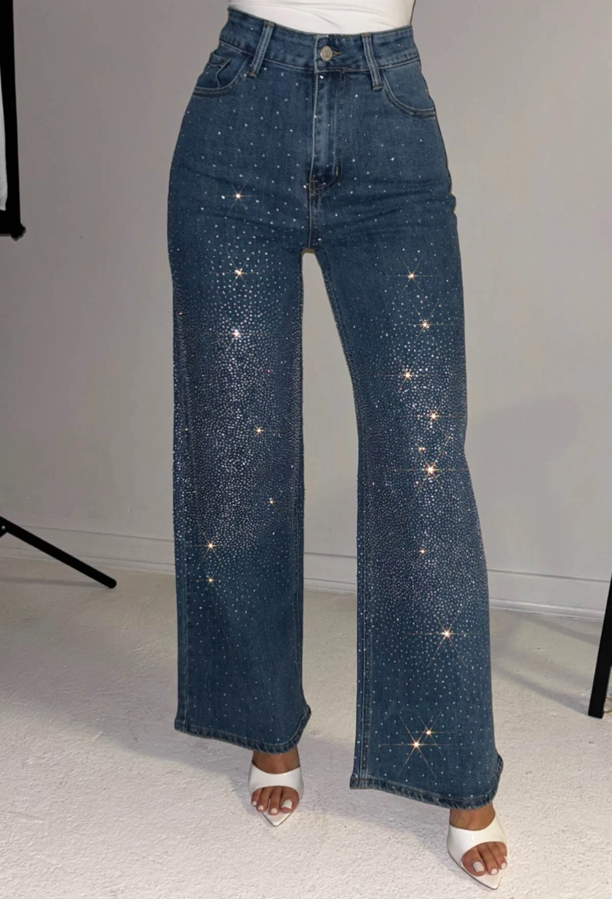 Fixed On You Mid Blue Hot Fix Stretch Wide Leg Jeans - Image 6