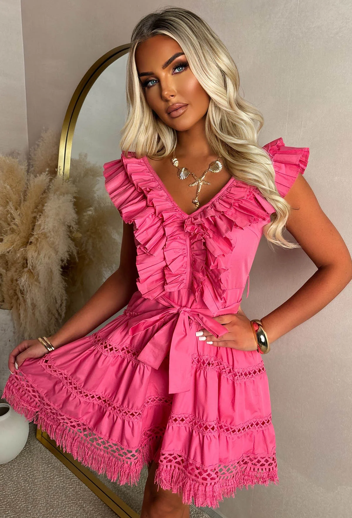 Flamingo Fantasy Fuchsia Cutwork Frill Detail Mini Dress - Image 2