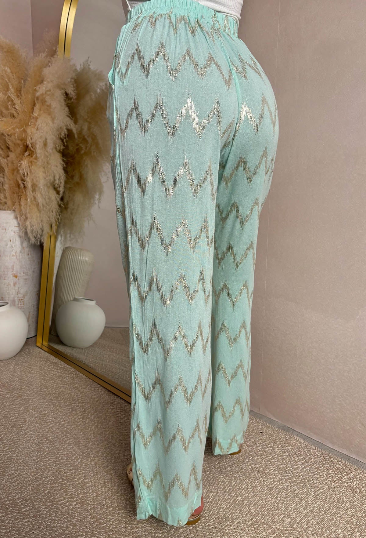 Flirt Factor Teal Gold Foil Zig Zag Straight Leg Stretch Trousers - Image 2