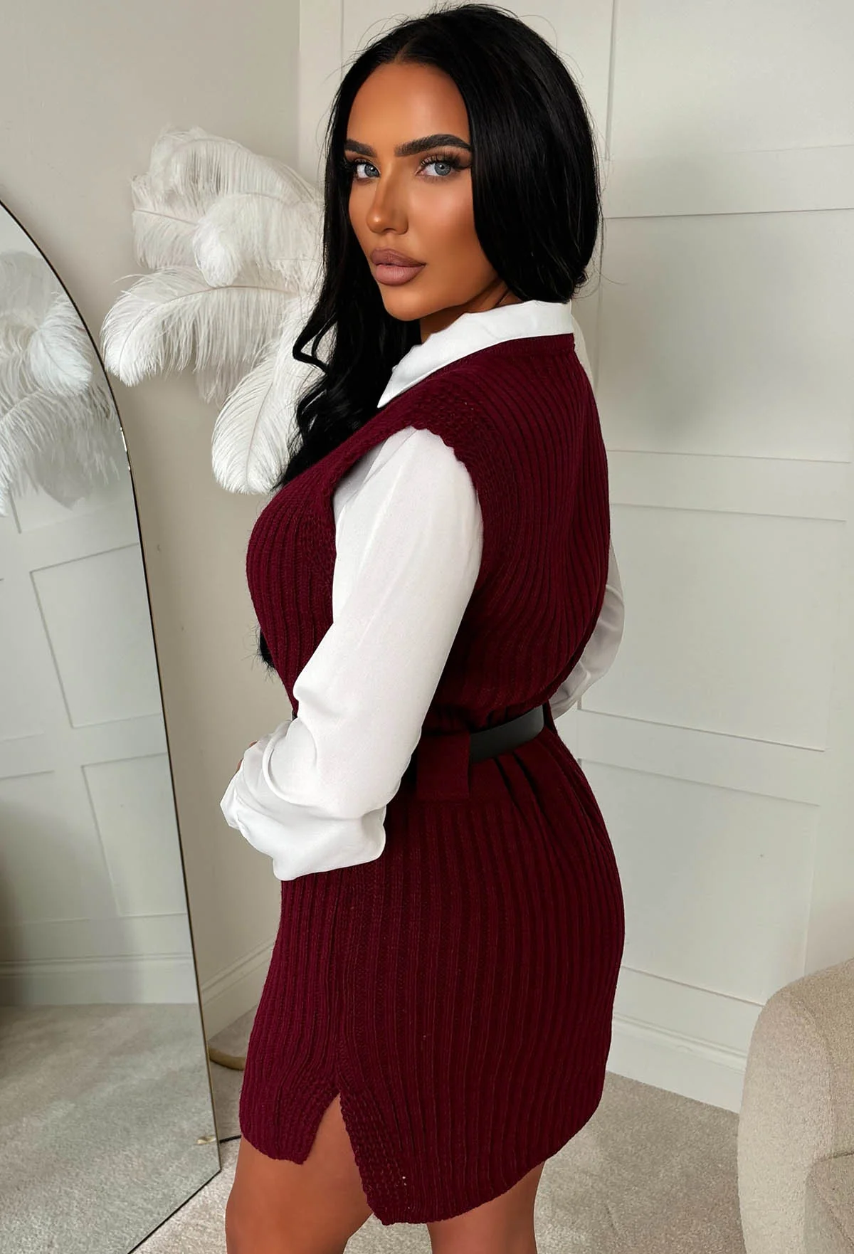 Flirt Fever Wine 2 In 1 Belted Shirt Knitted Dress - Image 2