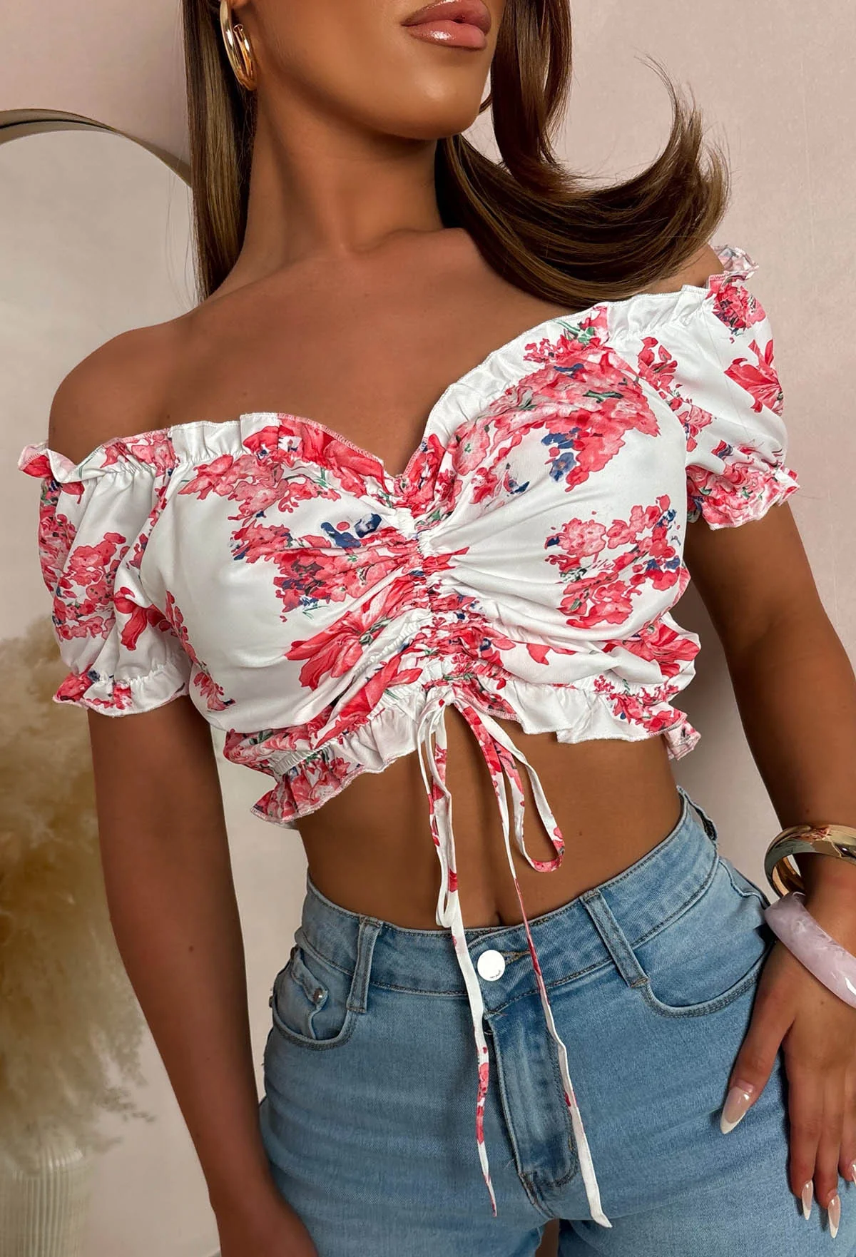 Flirty Feeling Pink Floral Ruched Top - Image 4