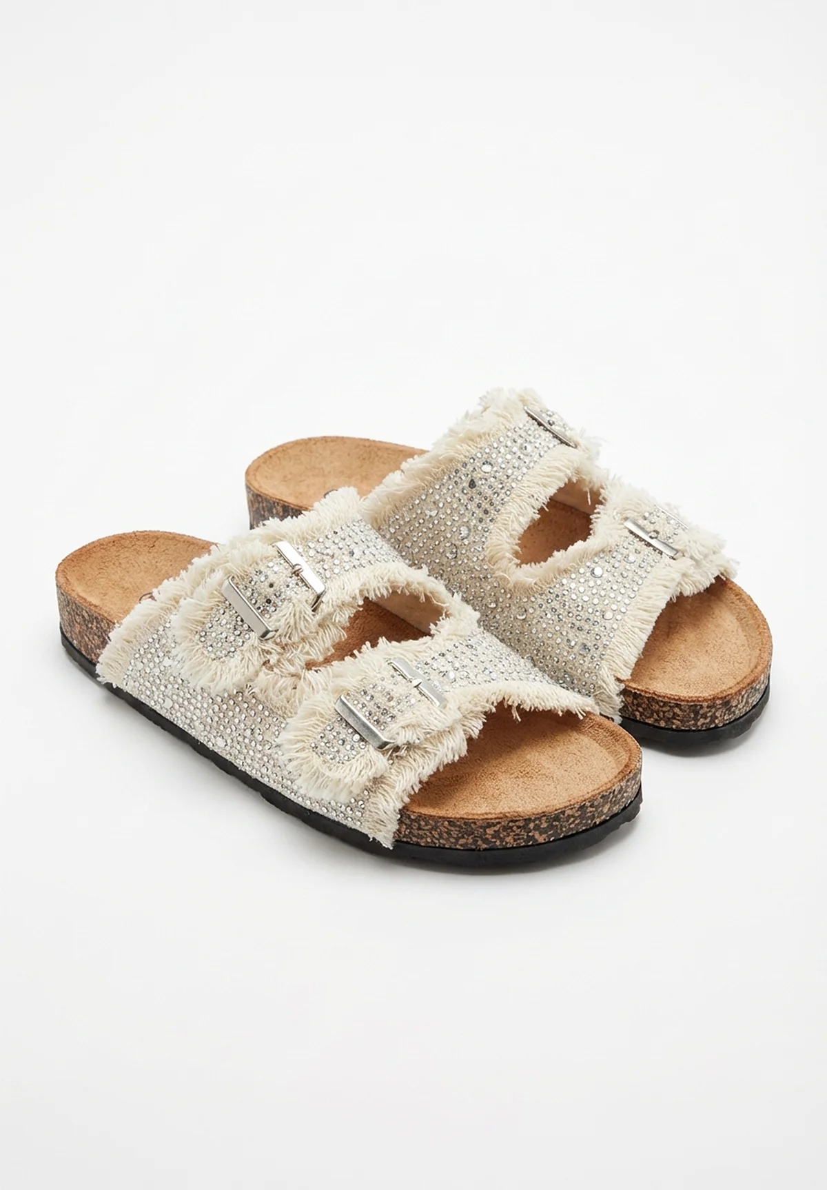 Frayed Forever Beige Embellished Sliders - Image 4