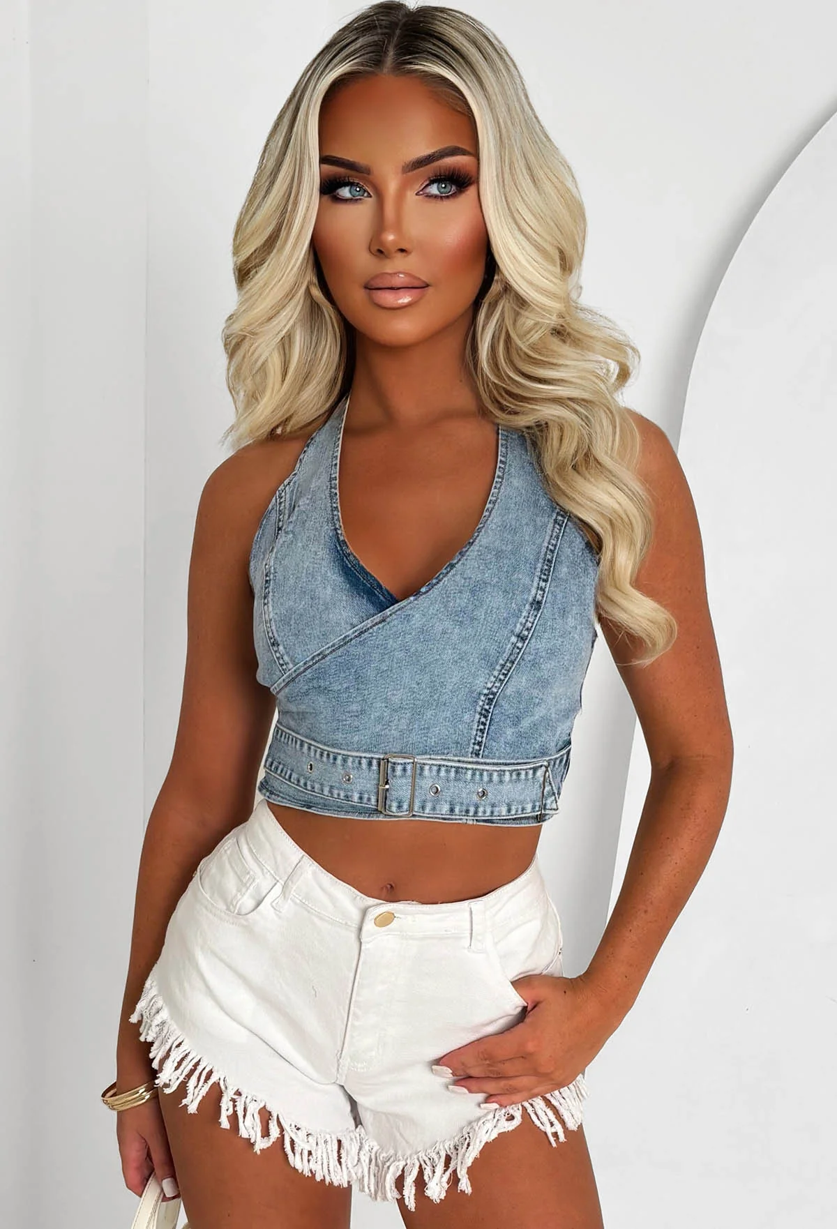 Frayed & Frantic White Stretch Frayed Cut Off Denim Shorts - Image 3