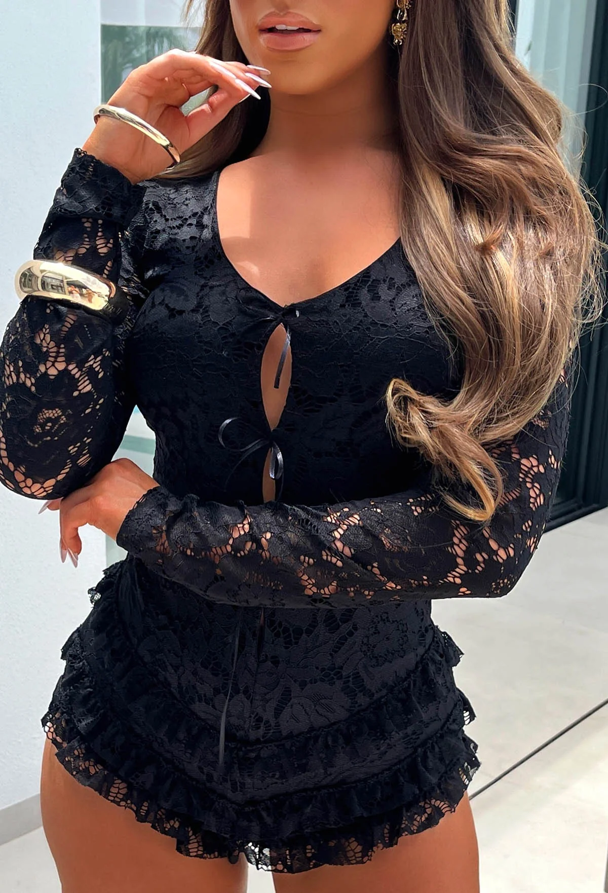 French Fancie Black Frilly Bow Front Backless Playsuit - Image 3