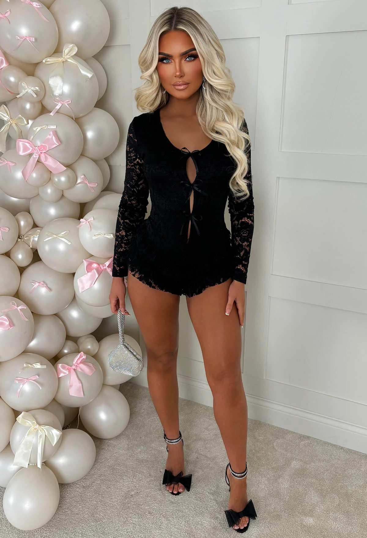French Fancie Black Frilly Bow Front Backless Playsuit - Image 8