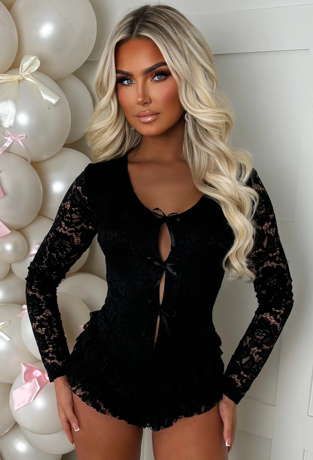 French Fancie Black Frilly Bow Front Backless Playsuit - Image 9