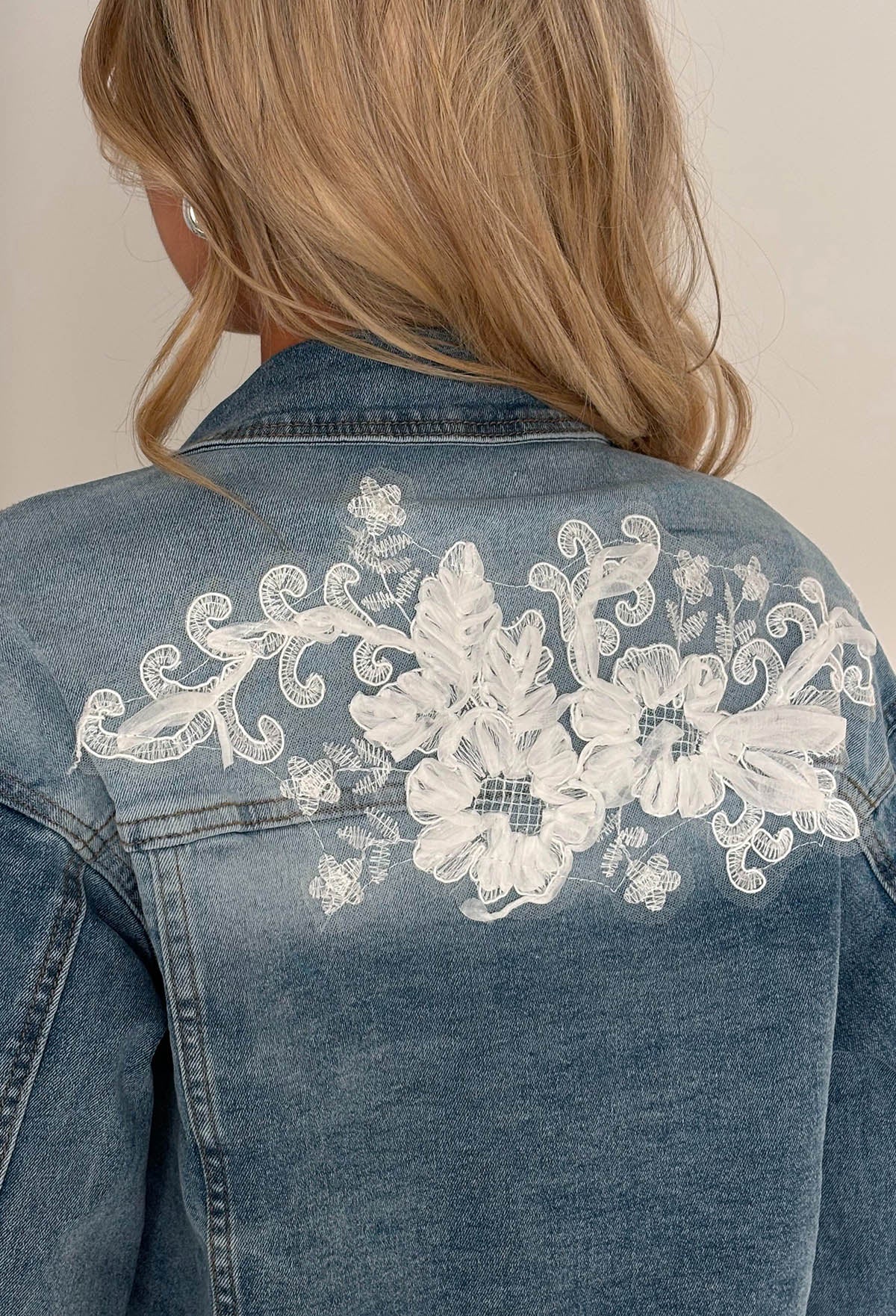 Frida Mid Blue Stretch Denim Lace & Flower Jacket - Image 2