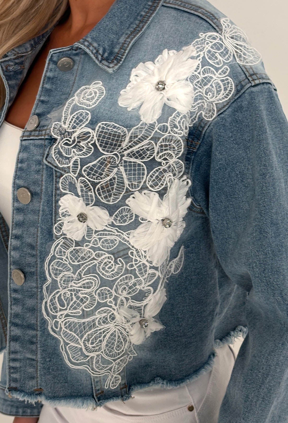 Frida Mid Blue Stretch Denim Lace & Flower Jacket - Image 3
