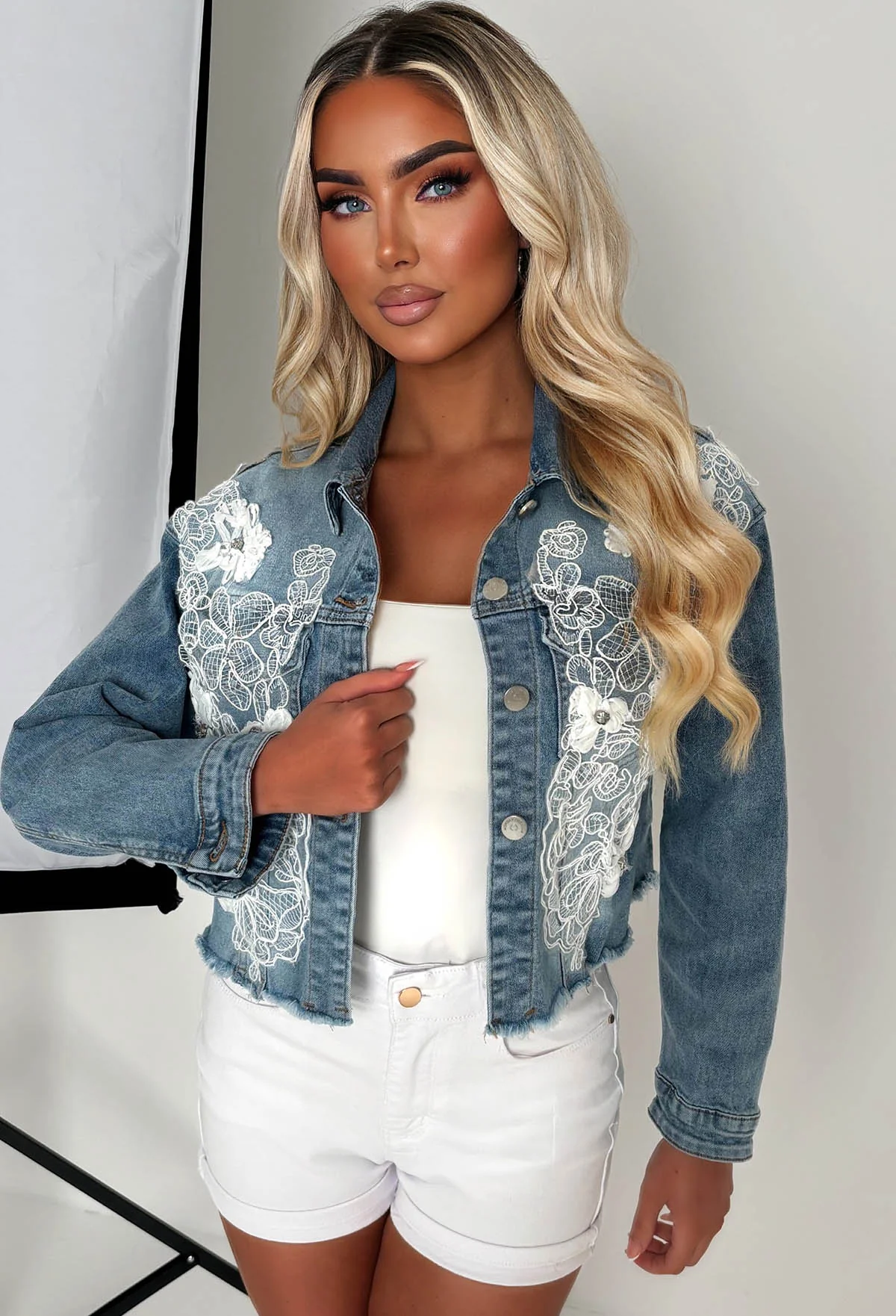 Frida Mid Blue Stretch Denim Lace & Flower Jacket - Image 4