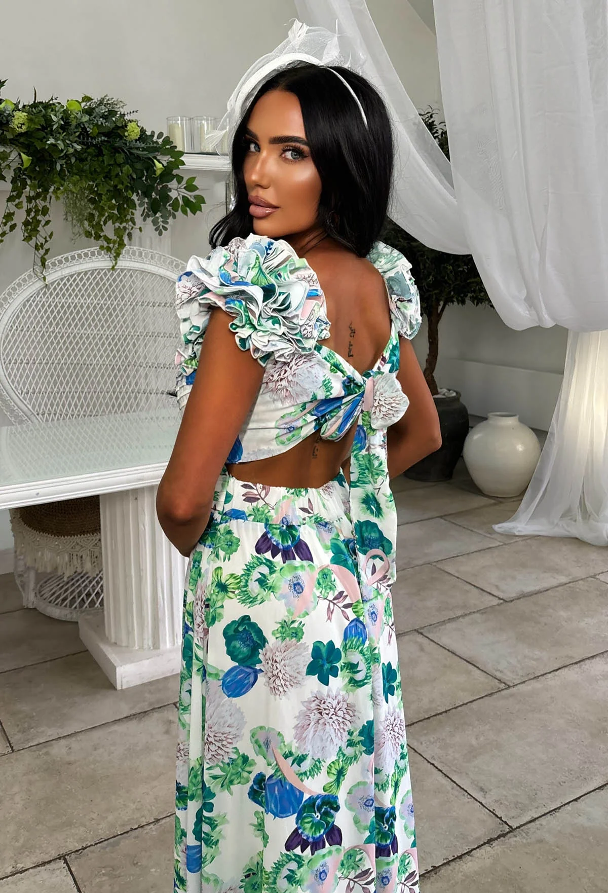 Frill Fantasy Blue Frill Shoulder Floral Maxi Dress - Image 2